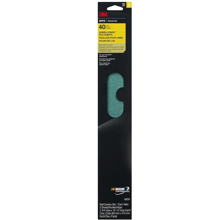 3M – 32231 – Stikit Green Corps File Sheet, 40 grade, 2-3/4 in x 16-1/2 ines