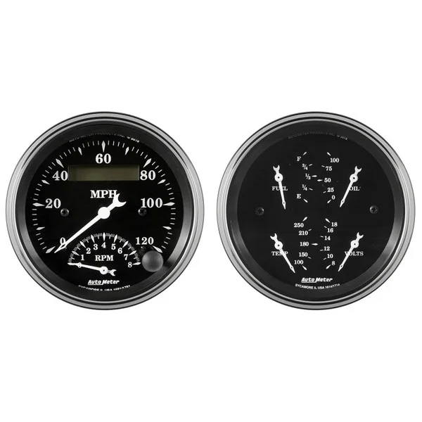 Auto Meter Gauge Kit 2 pc. Quad & Tach/Speedo 3 3/8in Old Tyme Black – 1720