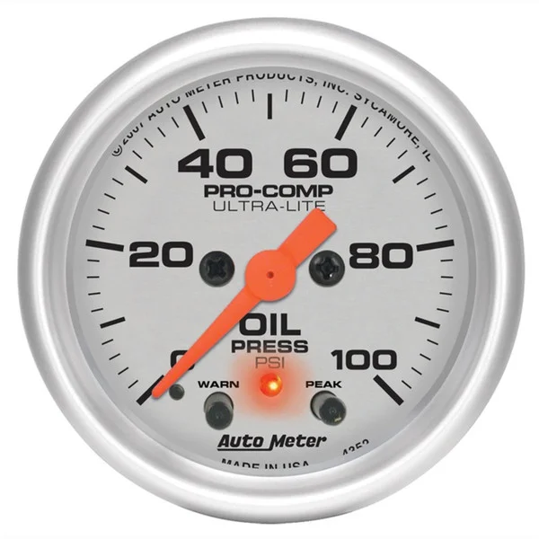 Autometer Ultra-Lite 52mm 0-100 PSI F/S Electronic Oil Pressure w/ Peak Memory & Warning Gauge – 4352