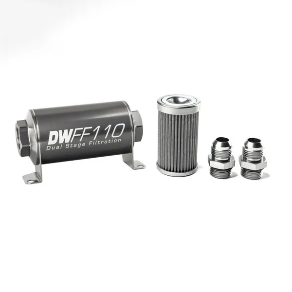 DeatschWerks Stainless Steel 10AN 100 Micron Universal Inline Fuel Filter Housing Kit (110mm) – 8-03-110-100K-10