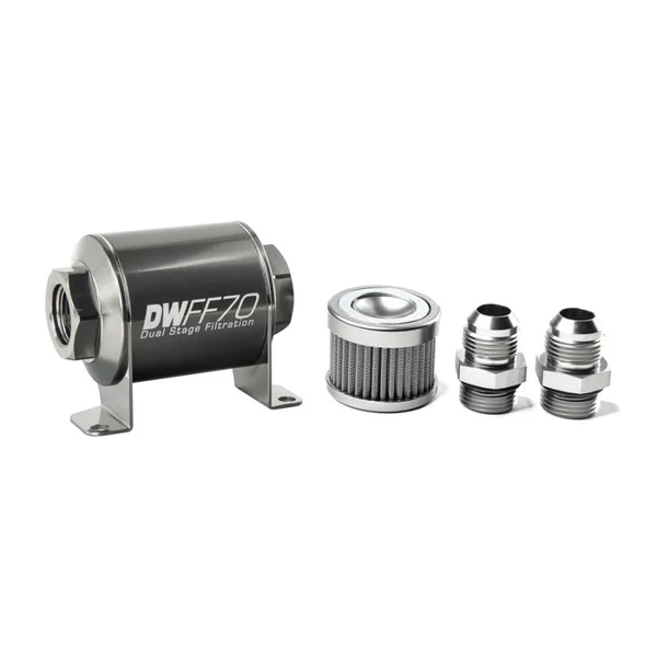 DeatschWerks Stainless Steel 10AN 100 Micron Universal Inline Fuel Filter Housing Kit (70mm) – 8-03-070-100K-10