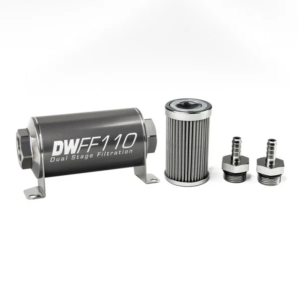DeatschWerks Stainless Steel 5/16in 100 Micron Universal Inline Fuel Filter Housing Kit (110mm) – 8-03-110-100K-516