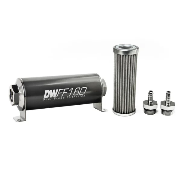 DeatschWerks Stainless Steel 5/16in 100 Micron Universal Inline Fuel Filter Housing Kit (160mm) – 8-03-160-100K-516