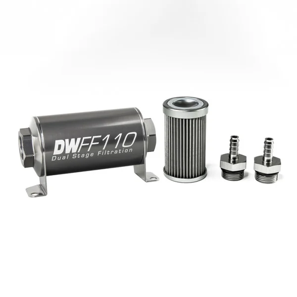 DeatschWerks Stainless Steel 5/16in 40 Micron Universal Inline Fuel Filter Housing Kit (110mm) – 8-03-110-040K-516