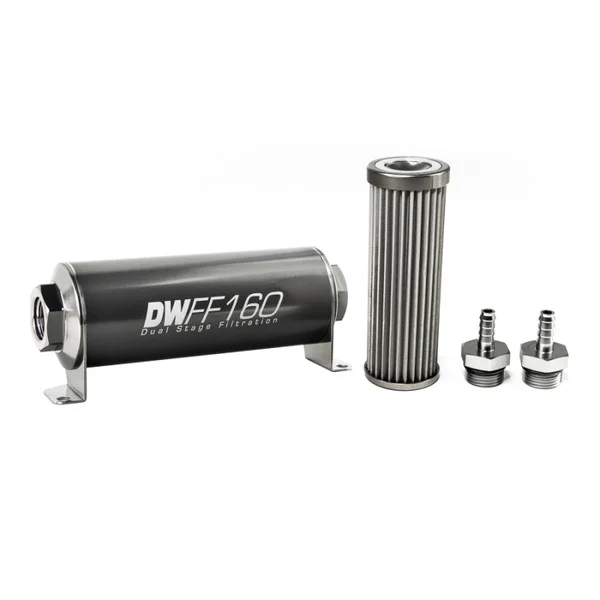 DeatschWerks Stainless Steel 5/16in 40 Micron Universal Inline Fuel Filter Housing Kit (160mm) – 8-03-160-040K-516