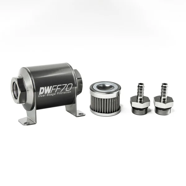 DeatschWerks Stainless Steel 5/16in 40 Micron Universal Inline Fuel Filter Housing Kit (70mm) – 8-03-070-040K-516