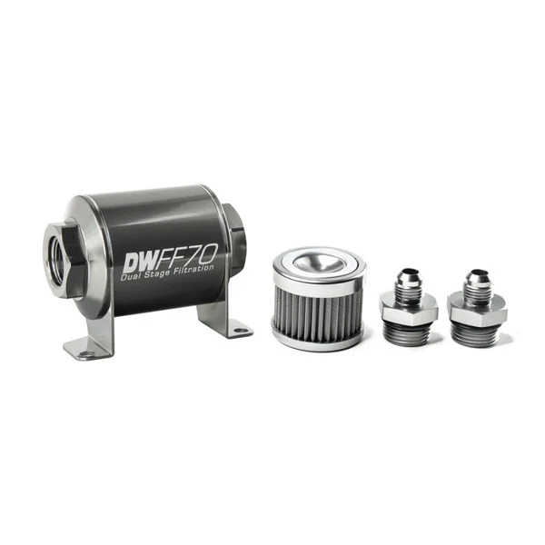 DeatschWerks Stainless Steel 6AN 40 Micron Universal Inline Fuel Filter Housing Kit (70mm) – 8-03-070-040K-6
