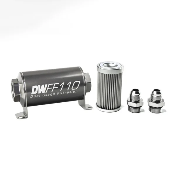 DeatschWerks Stainless Steel 8AN 10 Micron Universal Inline Fuel Filter Housing Kit (110mm) – 8-03-110-010K-8