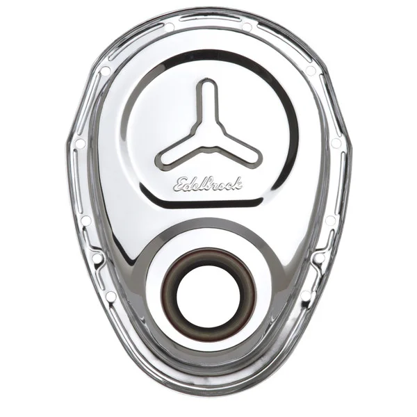 Edelbrock Timing Cover SB-Chevy Chrome w/ Welded Reinforcement Plate – 4860