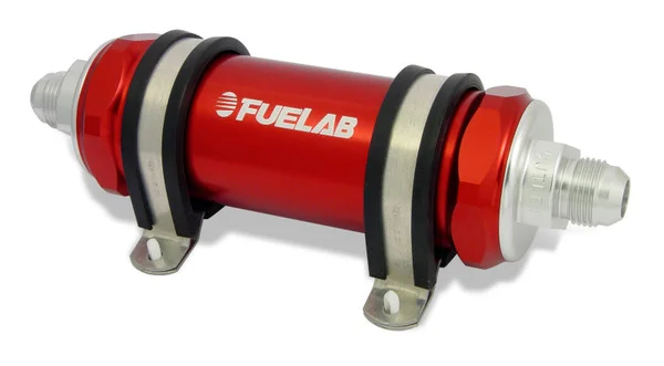 Fuelab 828 In-Line Fuel Filter Long -10AN In/-12AN Out 6 Micron Fiberglass – Red – 82830-2-10-12