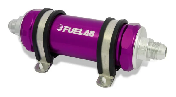 Fuelab 828 In-Line Fuel Filter Long -12AN In/Out 40 Micron Stainless – Purple – 82814-4