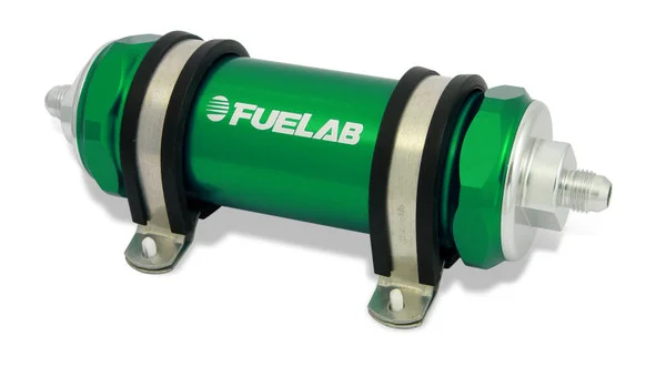 Fuelab 828 In-Line Fuel Filter Long -6AN In/-8AN Out 10 Micron Fabric – Green – 82800-6-6-8