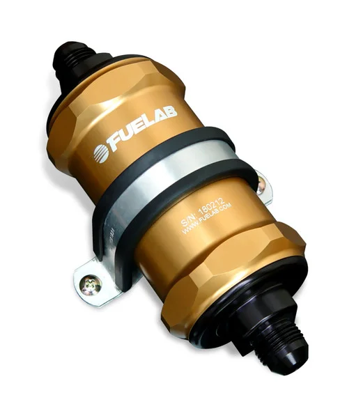 Fuelab 848 In-Line Fuel Filter Standard -10AN In/-8AN Out 100 Micron Stainless w/Check Valve – Gold – 84820-5-10-8