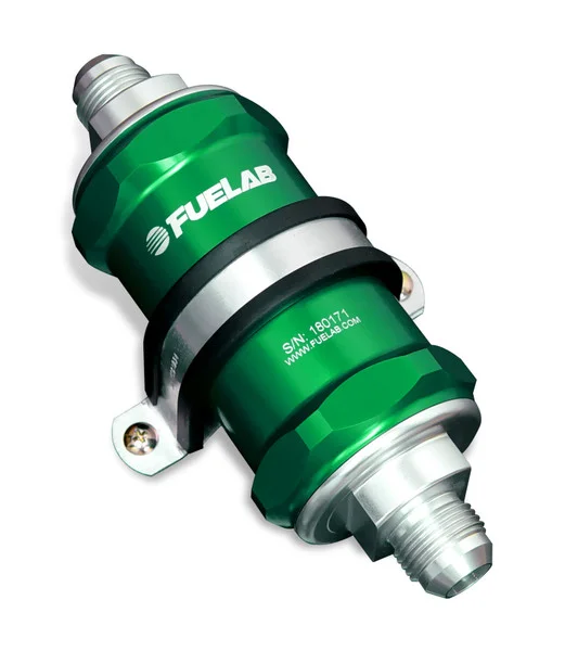 Fuelab 848 In-Line Fuel Filter Standard -8AN In/Out 40 Micron Stainless w/Check Valve – Green – 84812-6