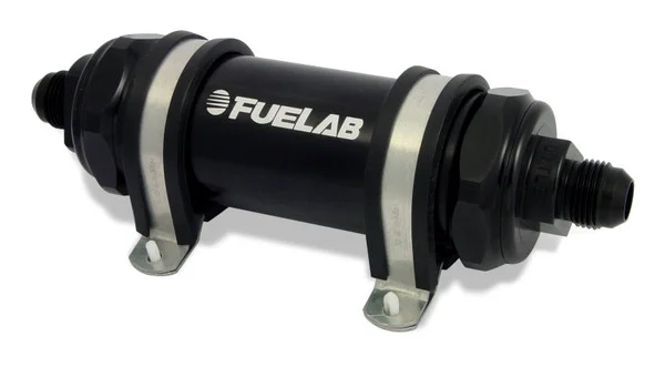 Fuelab 858 In-Line Fuel Filter Long -12AN In/-8AN Out 10 Micron Fabric w/Check Valve – Black – 85800-1-12-8