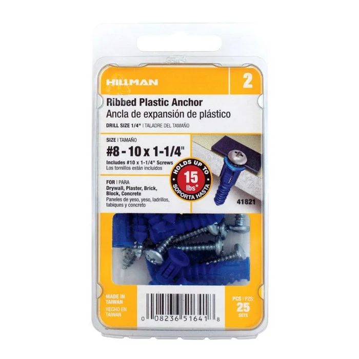 Hillman – 41821 – 0.164 in. Dia. x 1-1/4 in. L Plastic Ribbed Head Ribbed Anchor – 25/Pack