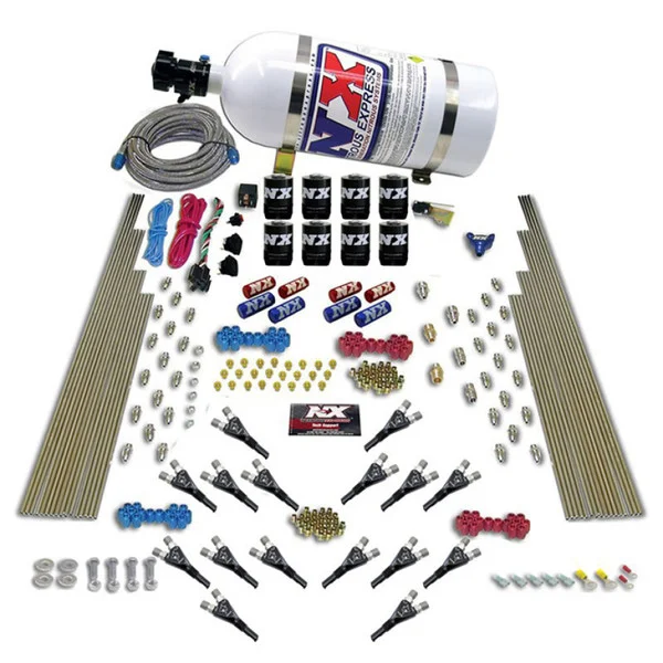 Nitrous Express Shark Dual Stage/Gas 16 Nozzles 8 Solenoids Nitrous Kit (200-1200HP) w/10lb Bottle – 90008-10