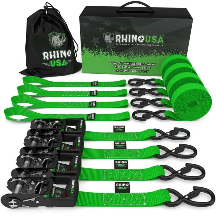 Rhino USA Heavy Duty Ratchet Tie-Down 4-Pack Green 1.6In X 15Ft – TD-GC1.6X15-GRN