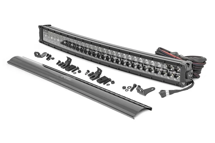 Rough Country Black Series LED Light Bar, 30 in., Curved, Dual Row, w/ White DRL – 72930BD