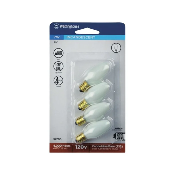 Westinghouse – 3720600 – 7 W C7 Specialty Incandescent Bulb E12 (Candelabra) White 4 pk