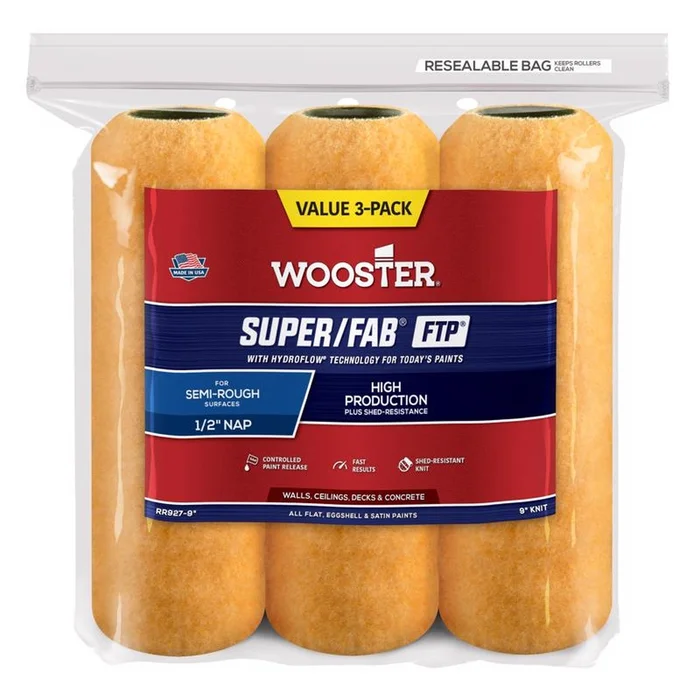 Wooster – RR927-9 – Super/Fab FTP Synthetic Blend 9 in. W x 1/2 in. Paint Roller Cover – 3/Pack